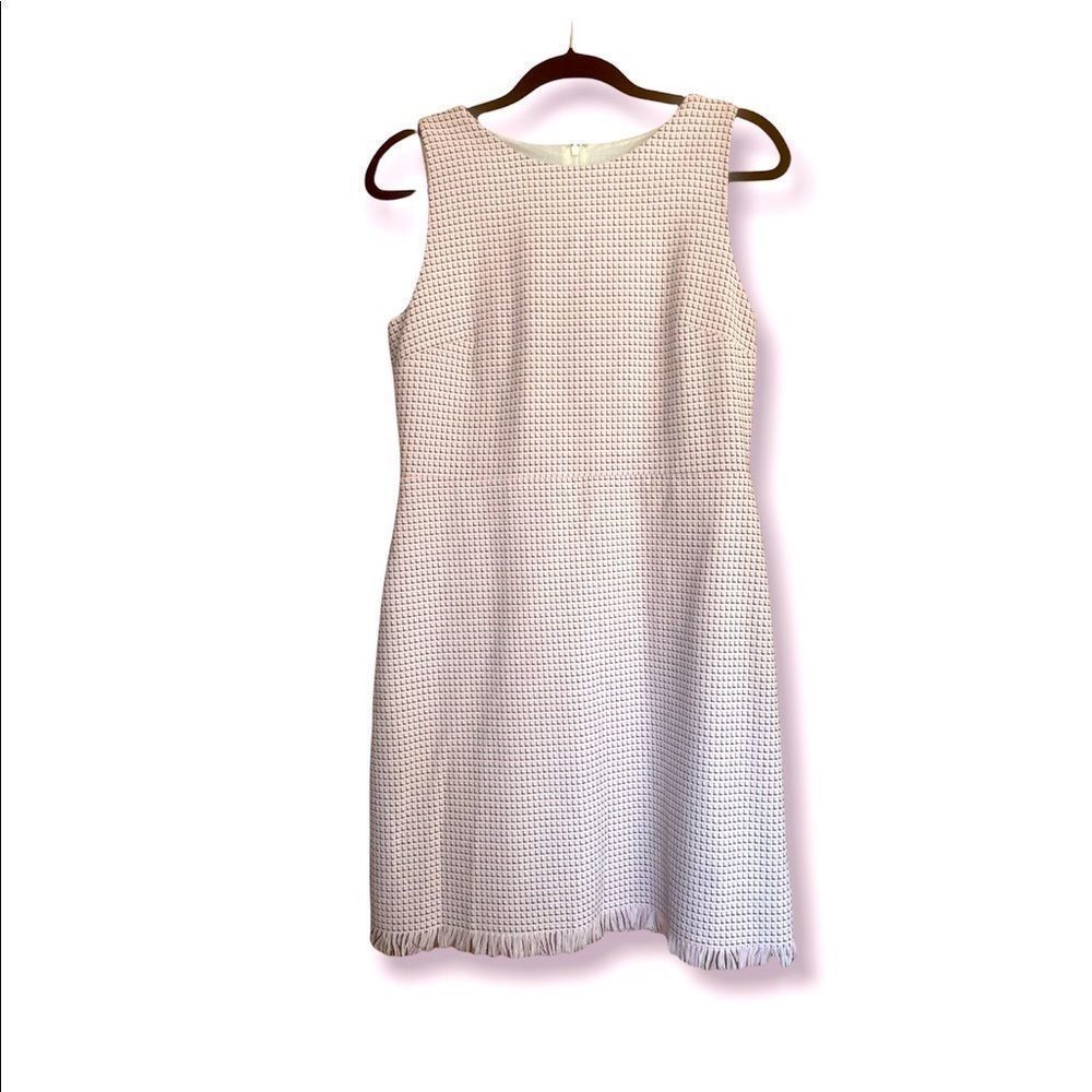Loft Womens Sleeveless Dress Pink Black White Checked Tweed Fringe Bottom SZ 8 